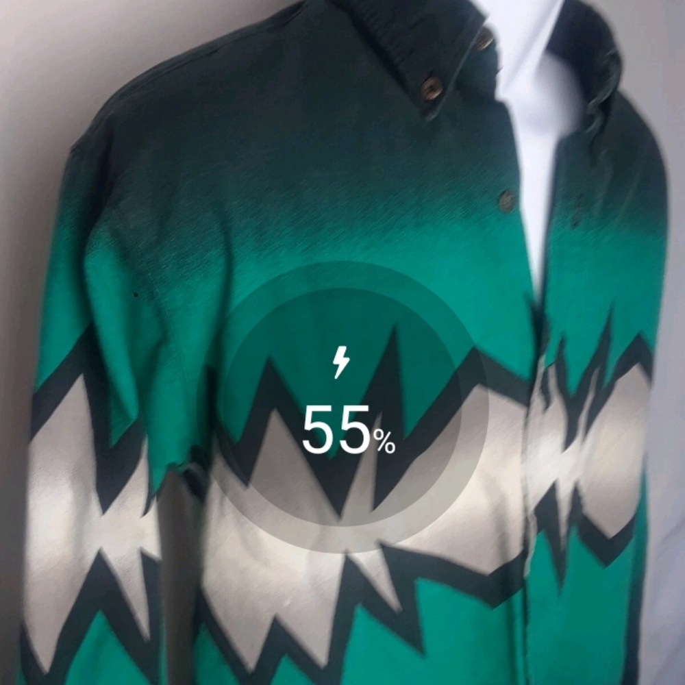 El General Cowboy Shirt M  Western White Lightning Green Long Sleeve Mens D2
